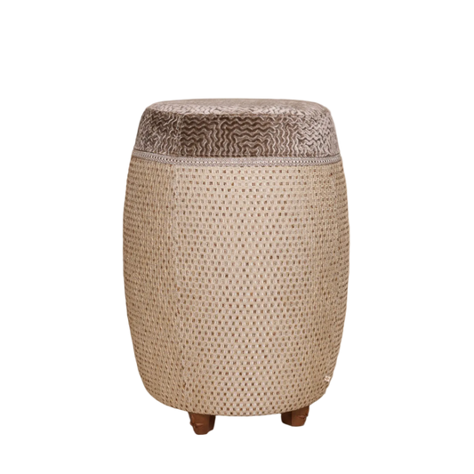 Luxe barkruk poef met luxe stof bruin goud patroon 