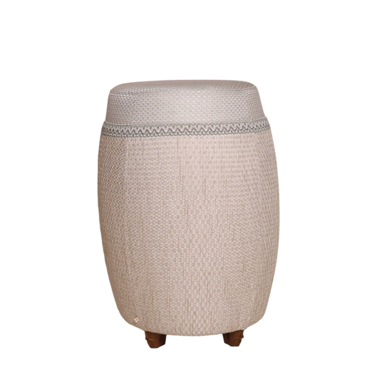 Luxe barkruk poef met luxe stof wit blauw beige patroon