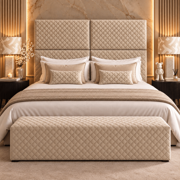 Luxe bedachterwand velvet beige ruitpatroon