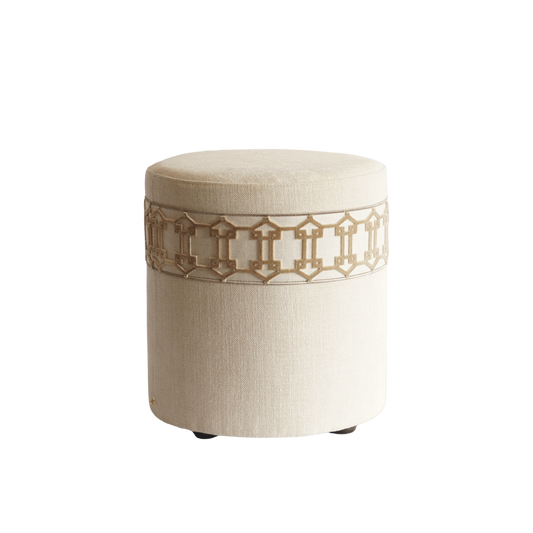 Luxe poef met luxe stof en sierband beige goud