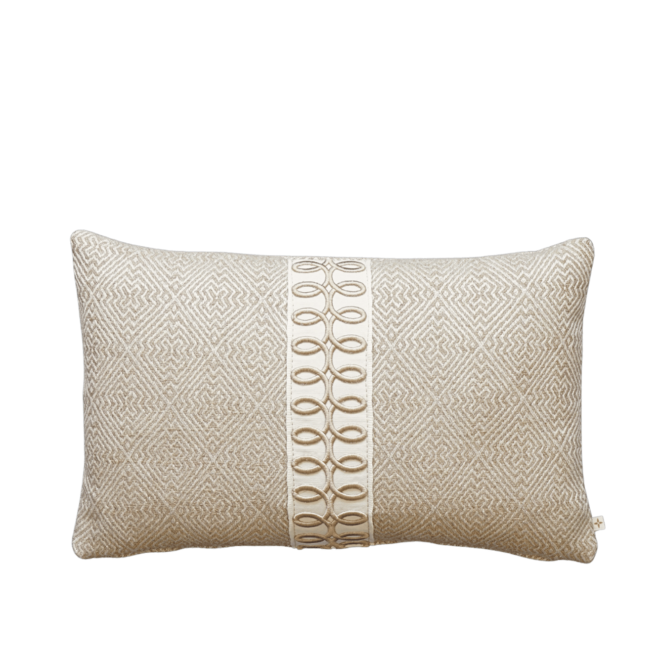 Luxe sierkussen beige wit geometrisch geweven patroon sierband gouden lus